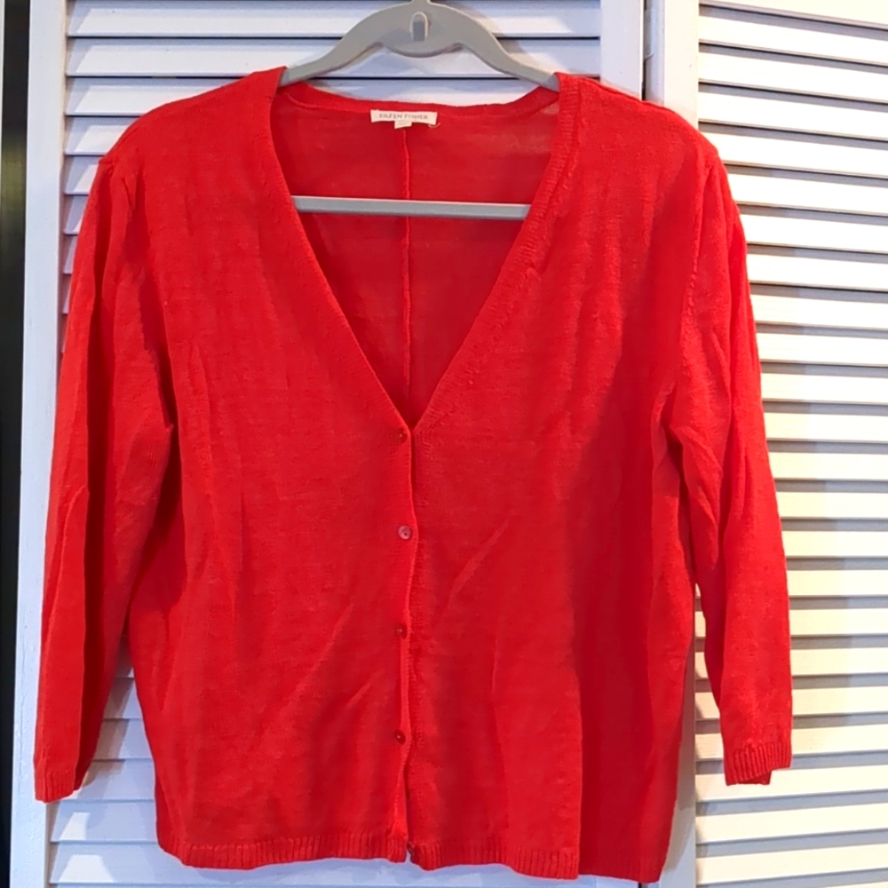 Eileen Fisher M Medium Cardigan Sweater Red Orange Linen V neck Button Front